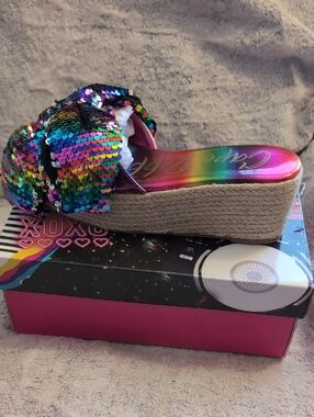 Cape Robbin Rainbow Sequin Espadrille Wedge Slides